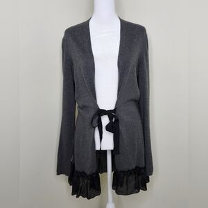 Daisy Fuentes Gray & Black Ruffle Ribbon Tie Cardigan Sweater Medium Whimsigoth